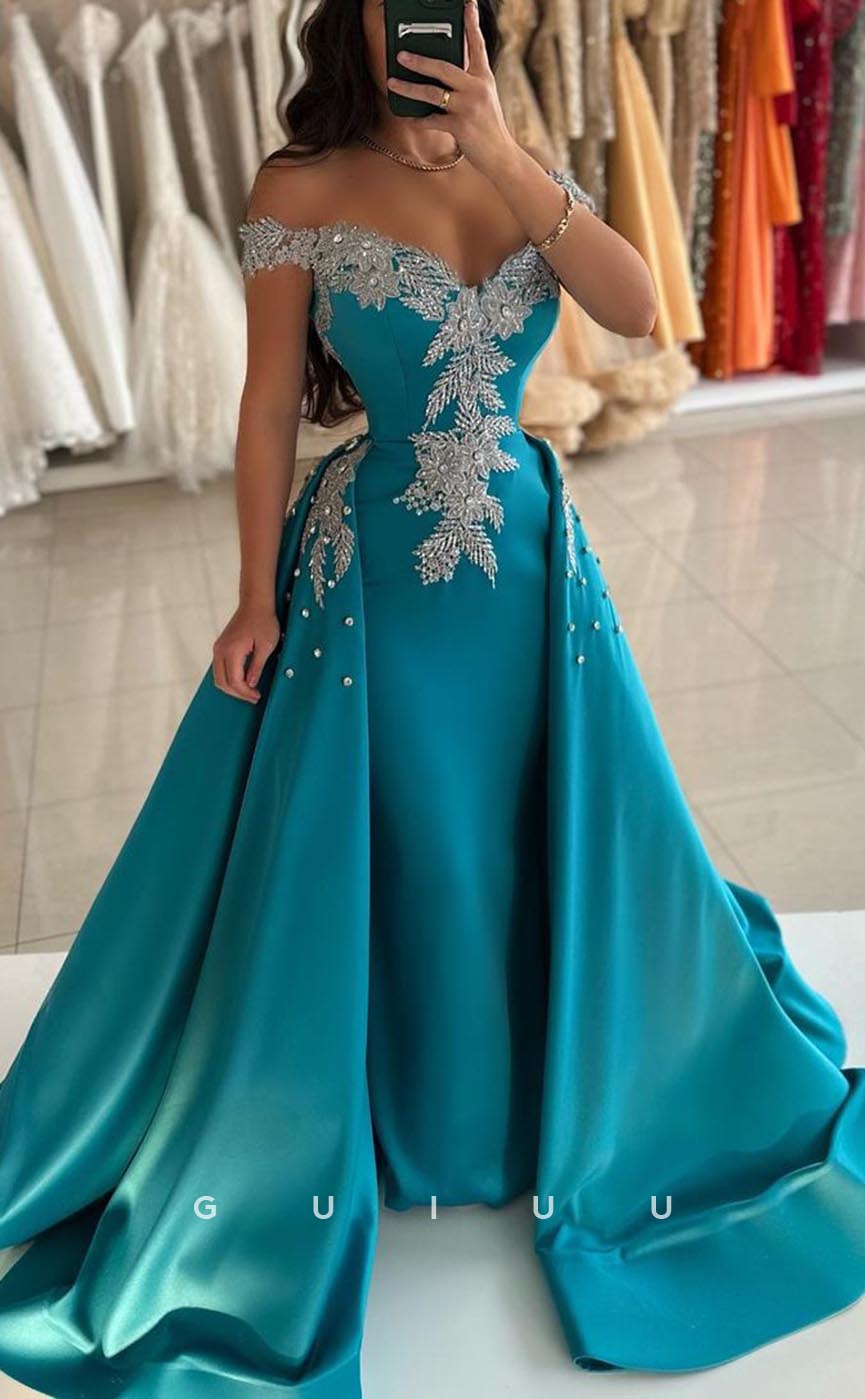 G3712 - Elegant & Luxurious Sheath Off Shoulder Beaded Appliqued Long Party Gown Prom Dress with Overlay