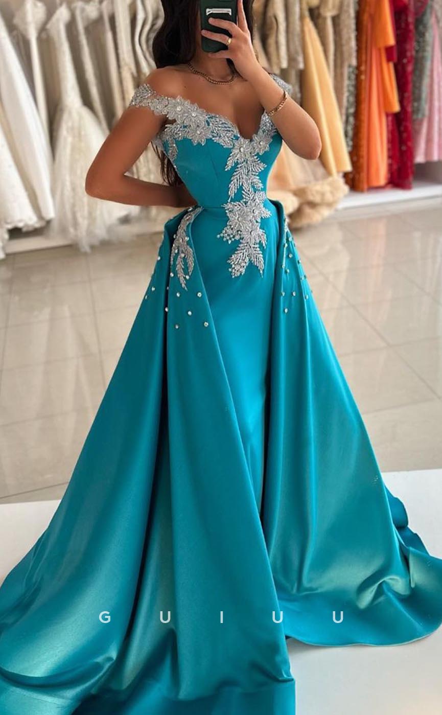 G3712 - Elegant & Luxurious Sheath Off Shoulder Beaded Appliqued Long Party Gown Prom Dress with Overlay