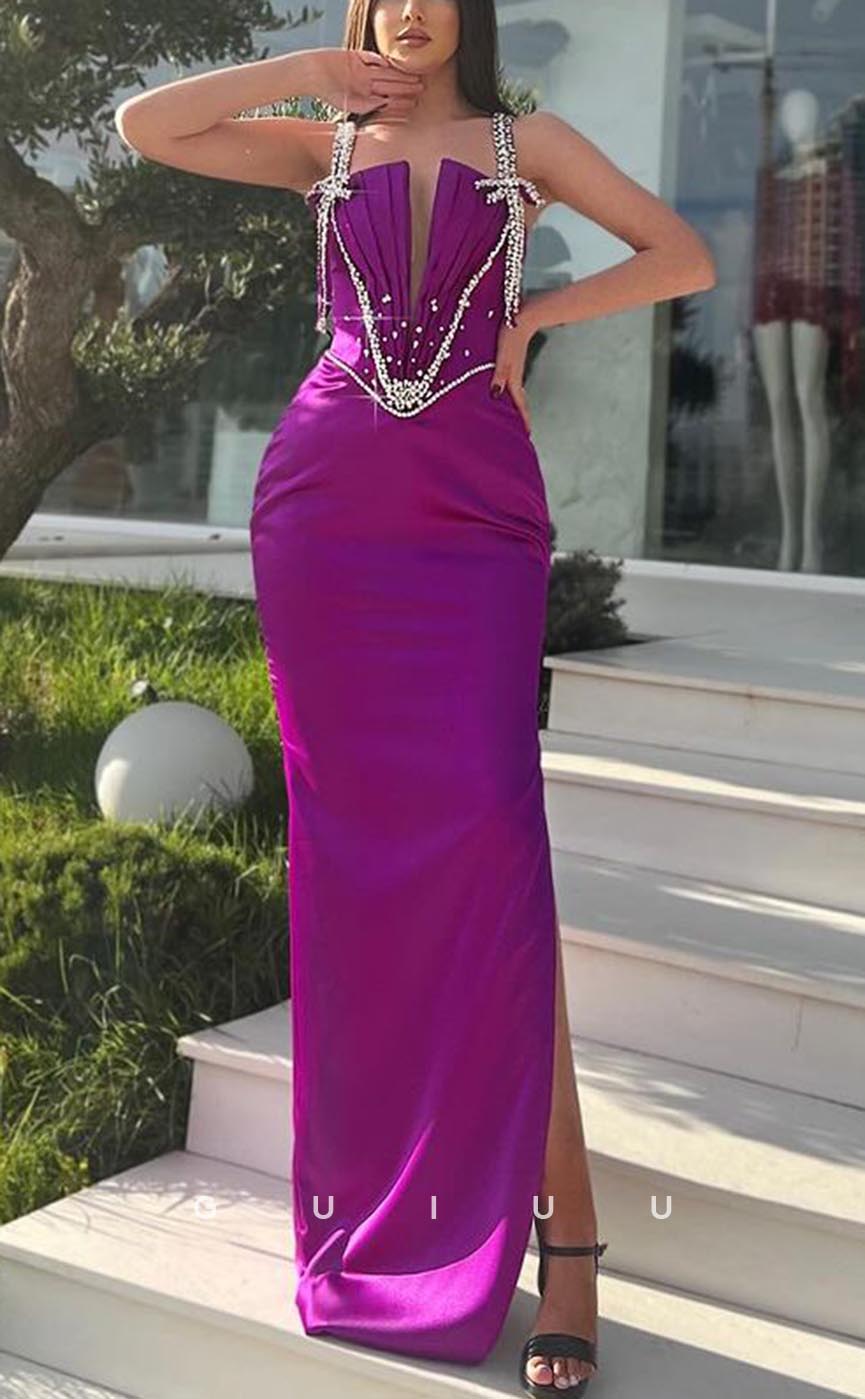 G3731 - Chic & Modern Sheath Straps Beaded and Draped Long Party Gown Prom Dress with Side Slit