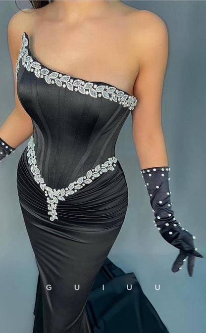 G3736 - Sexy & Hot Sheath Asymmetrical Draped and Beaded Floor-Length Party Gown Prom Dress with Gloves and Sweep Train