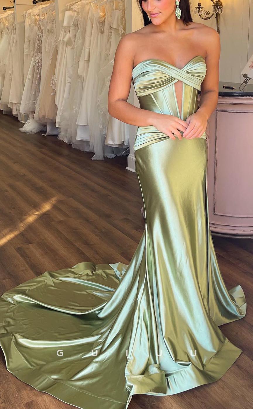 G3743 - Sexy & Hot Mermaid Sweetheart Draped Long Party Gown Prom Dress with Cut-Outs and Sweep Train