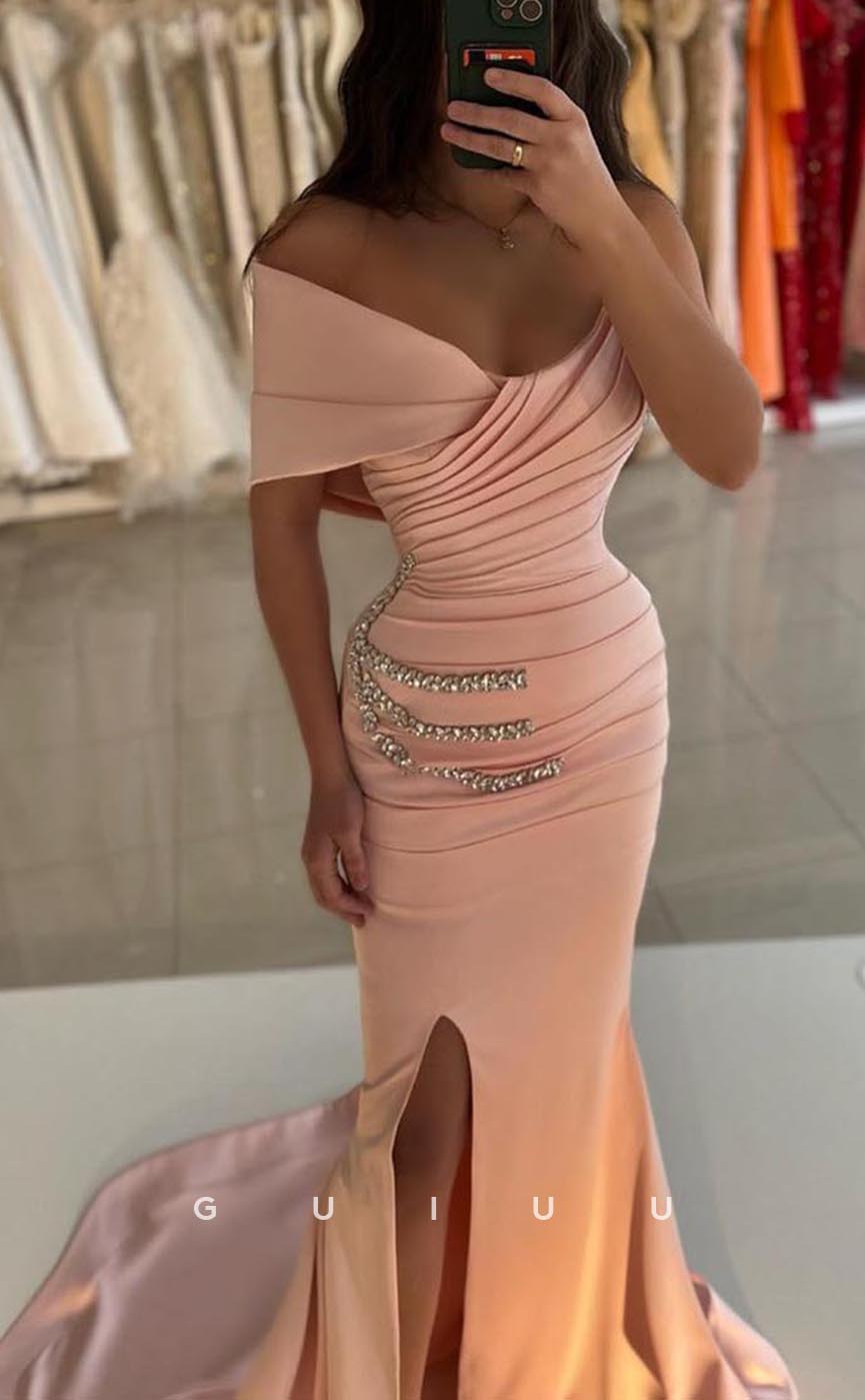 G3746 - Classic & Timeless Mermaid One Shoulder Draped and Beaded Party Gown Prom Dress