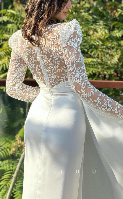 G3758 - Chic & Modern Sheath V-Neck Long Sleeves Appliques Draped Long Party Gown Prom Dress with High Side Slit and Overlay