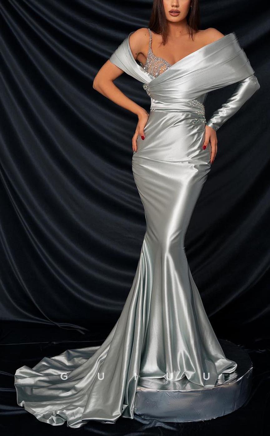 G3771 - Sexy & Hot Sheath Asymmetrical Off Shoulder Draped and Beaded Party Gown Prom Dress with Sweep Train