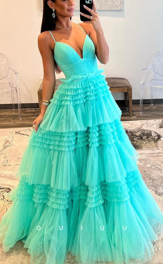 G3776 - Classic & Timeless A-Line V-Neck Straps Draped Ball Gown Prom Dress