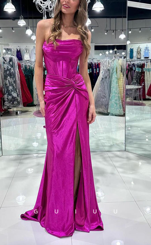 G3777 - Chic & Modern Sheath Strapless Draped Party Gown Prom Dress with Side Slit