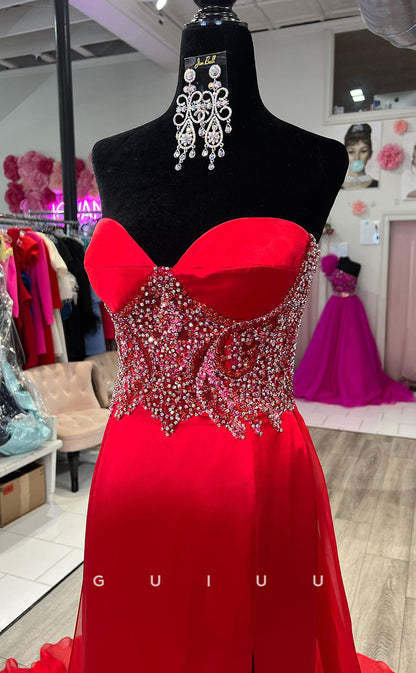 G3805 - Classic & Timeless A-line Sweetheart Beaded Formal Party Gown Prom Dress with High Side Slit and Sweep Train