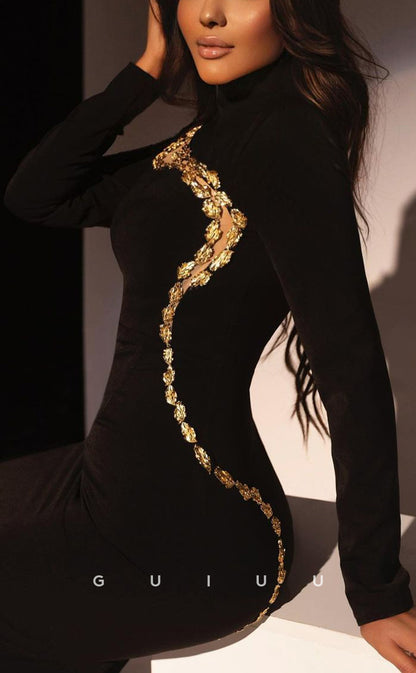 G3806 - Sexy & Hot Sheath High Neck Cut-Outs Beaded Formal Party Gown Prom Dress with Long Sleeves