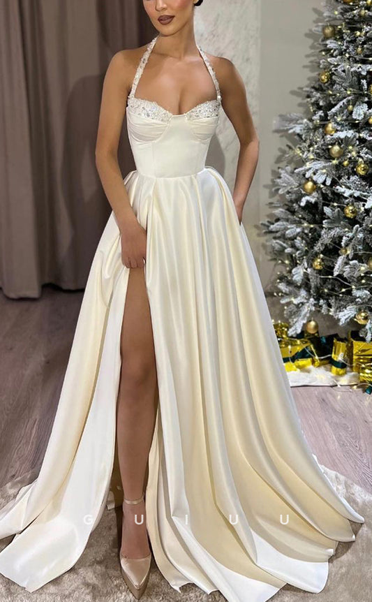 G3811 - Chic & Modern A-Line Halter Beaded and Draped Floor-Length Formal Party Gown Prom Dress with High Side Slit