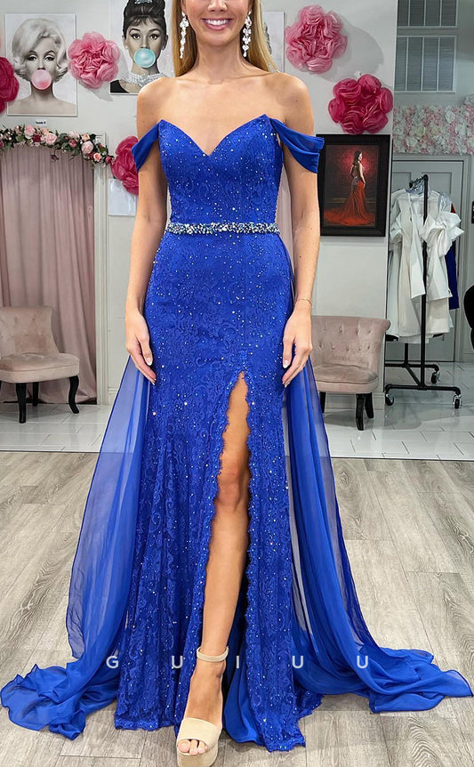 G3815 - Chic & Modern Sheath Off Shoulder Lace and Beaded Formal Party Gown Prom Dress with High Side Slit and Overlay