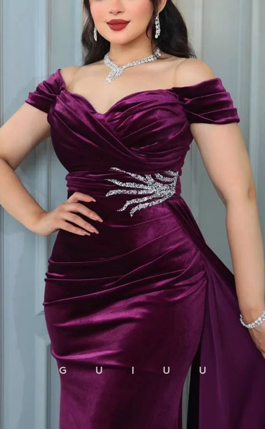 G3833 - Chic & Modern Sheath Off Shoulder Beaded and Draped Formal Party Prom Dress with Overlay