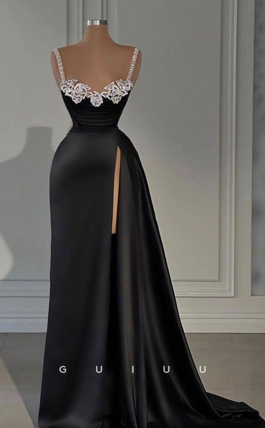 G3844 - Chic & Modern A-Line Straps Draped and Beaded Formal Party Gown Prom Dress with High Side Slit