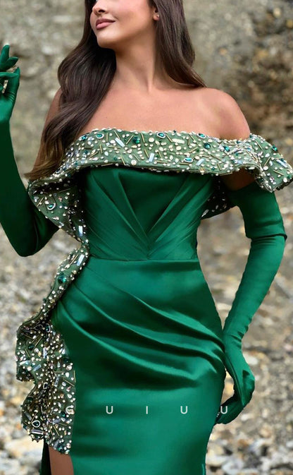 G3850 - Chic & Modern Sheath Off Shoulder Beaded and Draped Party Gown Prom Dress with Long Gloves and High Side Slit