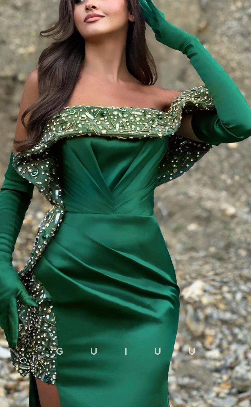 G3850 - Chic & Modern Sheath Off Shoulder Beaded and Draped Party Gown Prom Dress with Long Gloves and High Side Slit