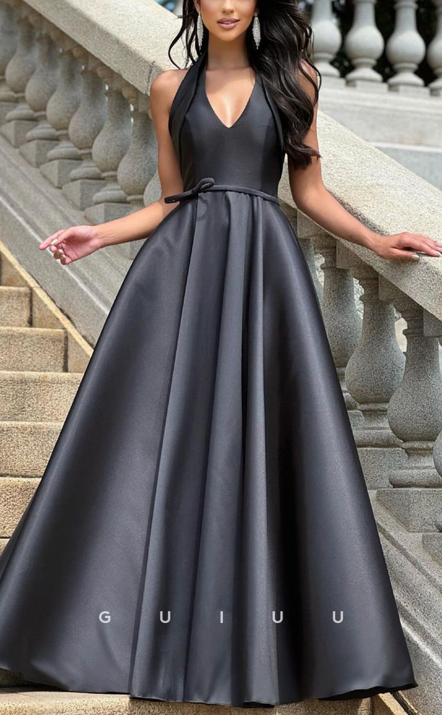 G3855 - Chic & Modern A-Line V-Neck Halter Draped Floor-Length Formal Evening Party Prom Dress with Sash