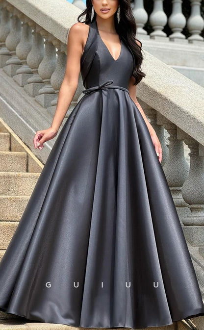 G3855 - Chic & Modern A-Line V-Neck Halter Draped Floor-Length Formal Evening Party Prom Dress with Sash