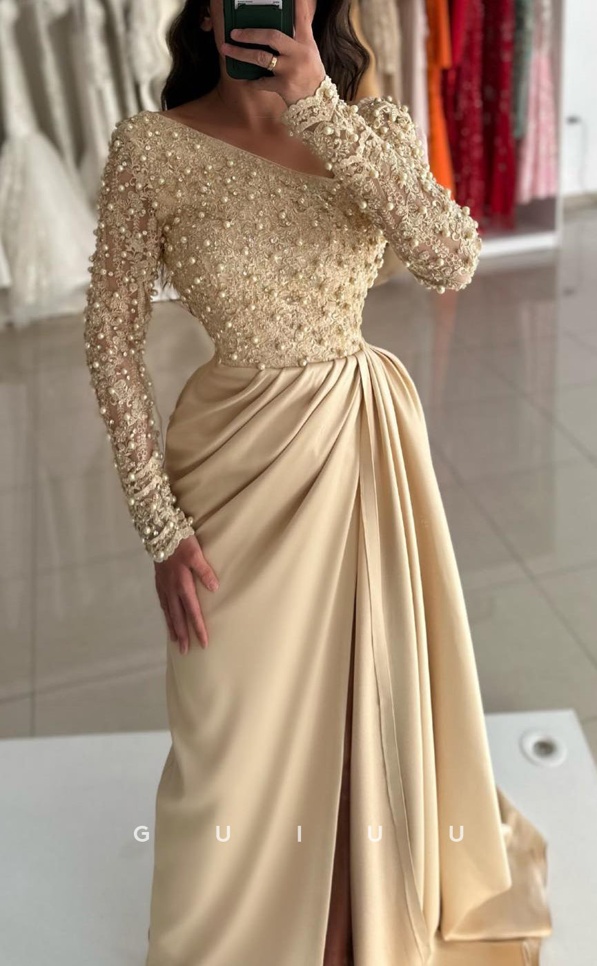 G3858 - Chic & Modern Sheath Asymmetrical Beaded and Floral Appliqued Formal Party Gown Prom Dress with High Side Slit and Overlay