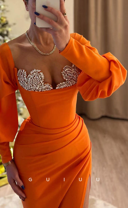 G3870 - Sexy & Hot Sheath Off SHoulder Beaded and Draped Evening Party Prom Dress with Long Bishop Sleeves and High Side Slit