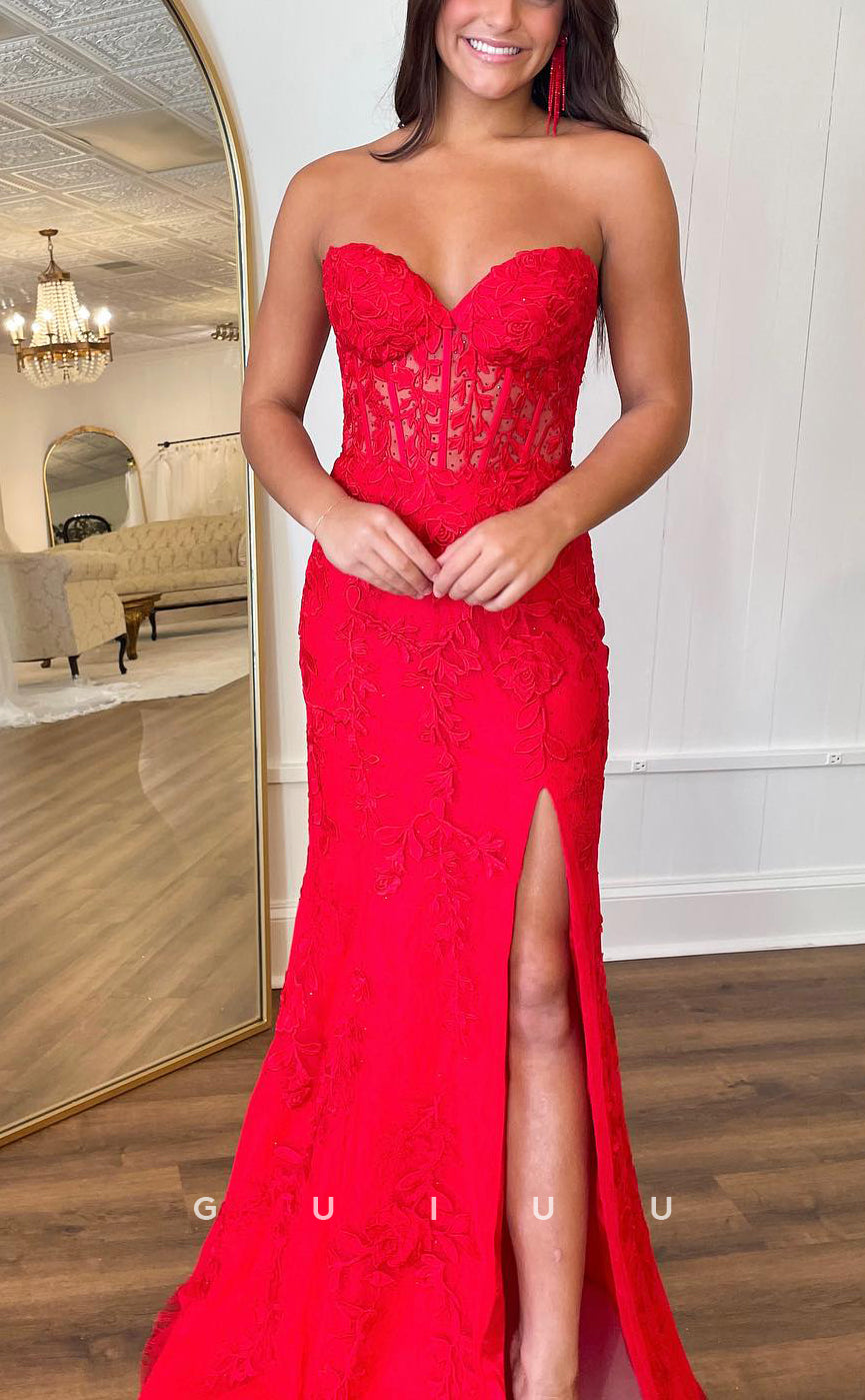 G3880 - Sexy & Hot Sheath V-Neck Floral Appliqued and Beaded Formal Party Gown Prom Dress with High Side Slit