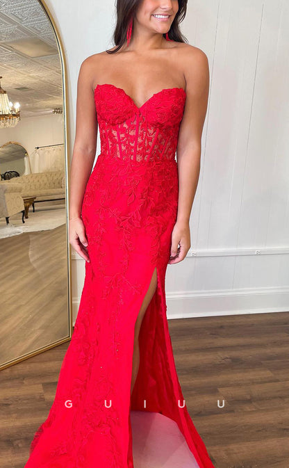 G3880 - Sexy & Hot Sheath V-Neck Floral Appliqued and Beaded Formal Party Gown Prom Dress with High Side Slit