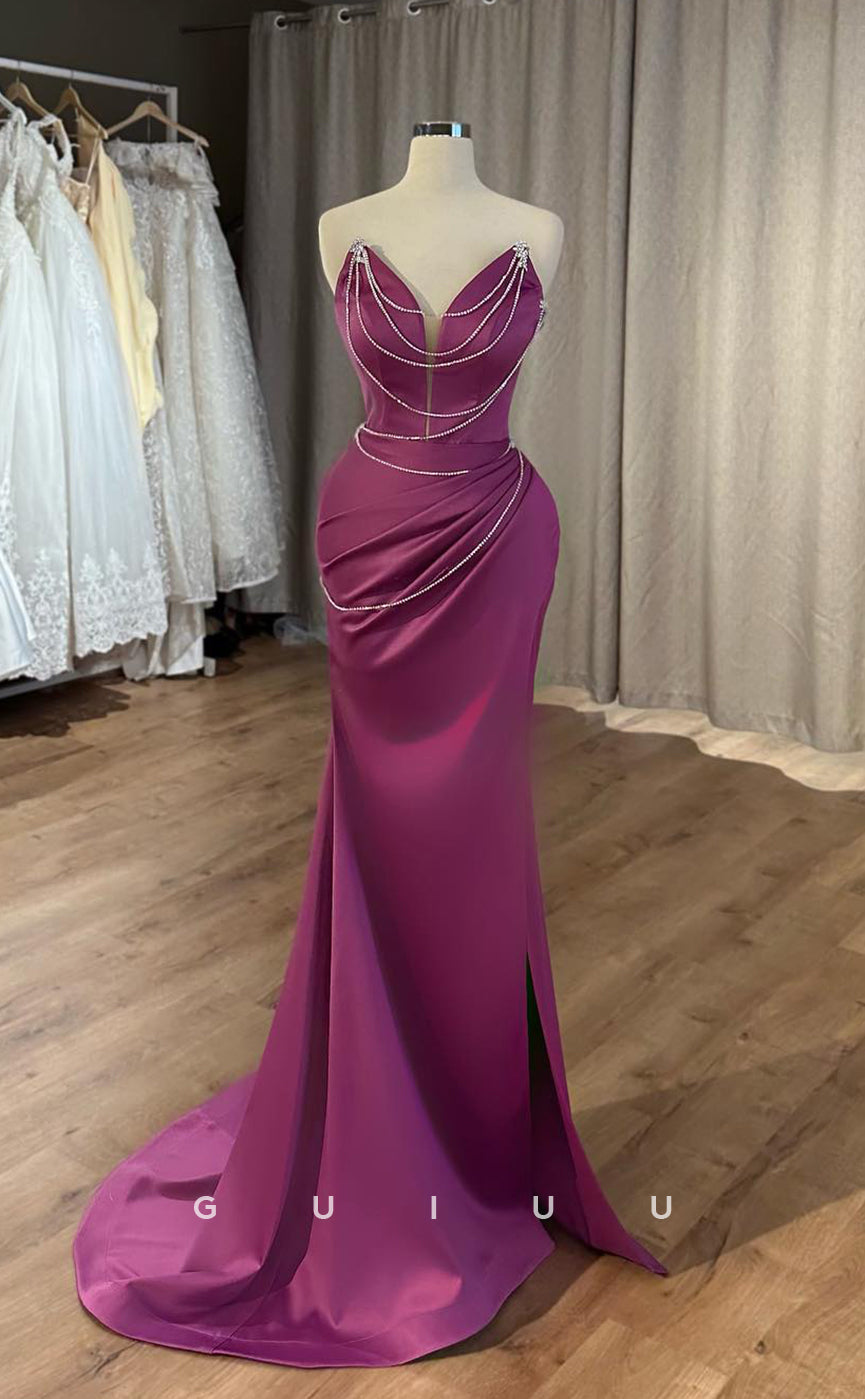 G3890 - Classic & Timeless Sheath V-Neck Beaded and Draped Formal Party Gown Prom Dress with Side Slit