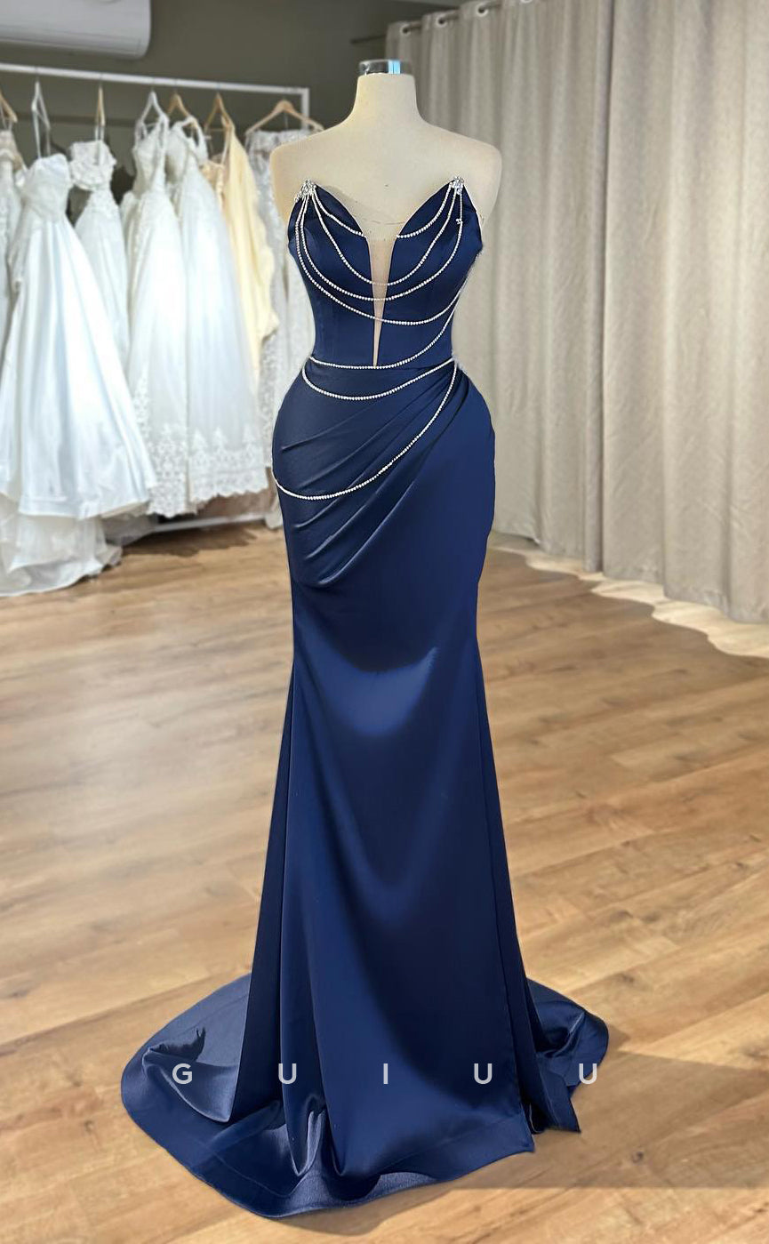 G3890 - Classic & Timeless Sheath V-Neck Beaded and Draped Formal Party Gown Prom Dress with Side Slit