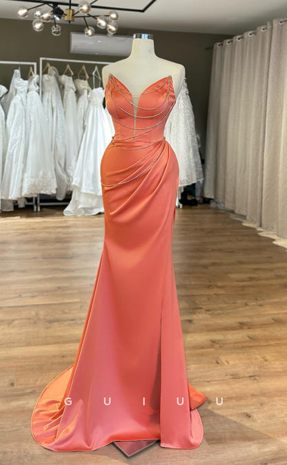 G3890 - Classic & Timeless Sheath V-Neck Beaded and Draped Formal Party Gown Prom Dress with Side Slit