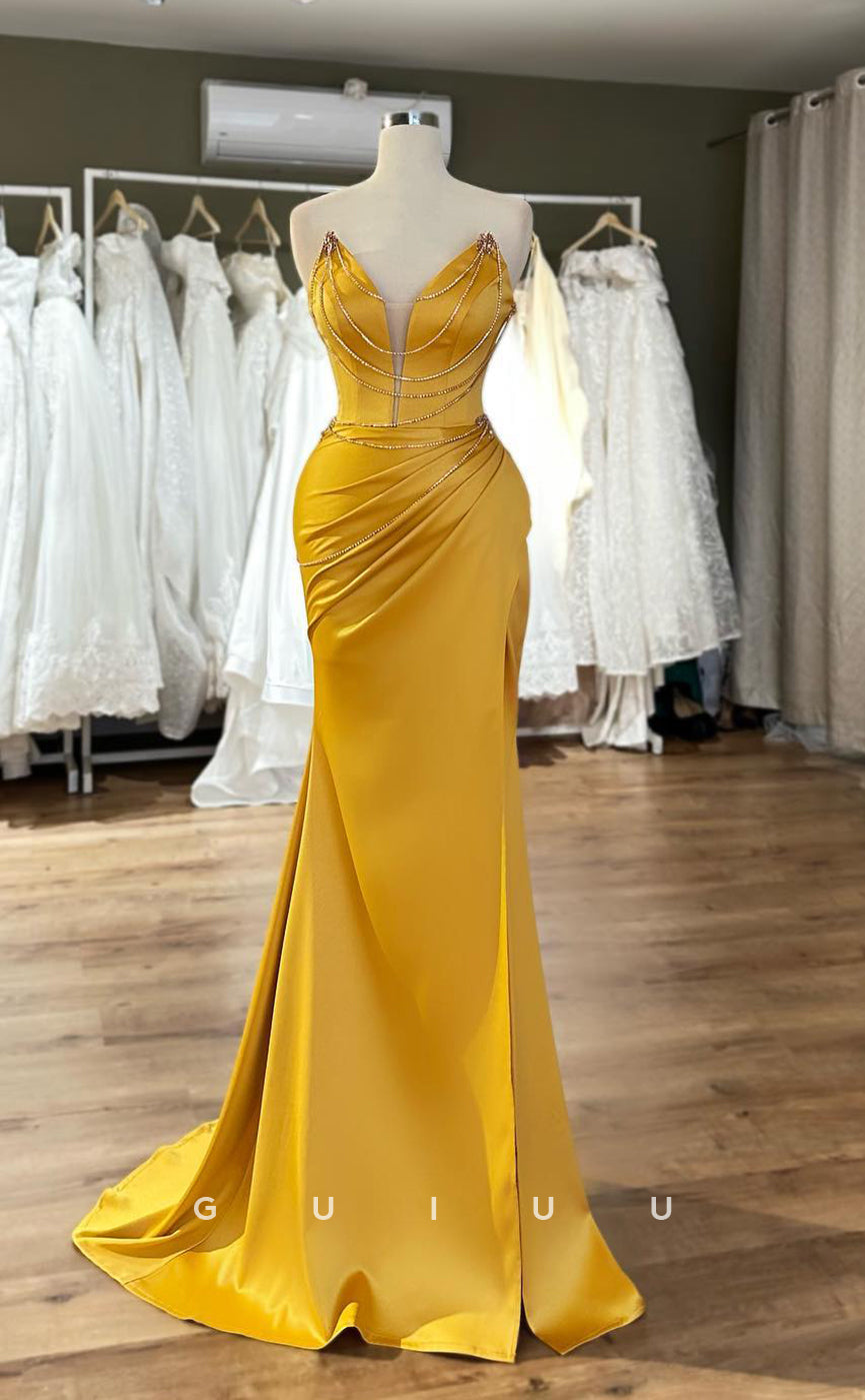 G3890 - Classic & Timeless Sheath V-Neck Beaded and Draped Formal Party Gown Prom Dress with Side Slit