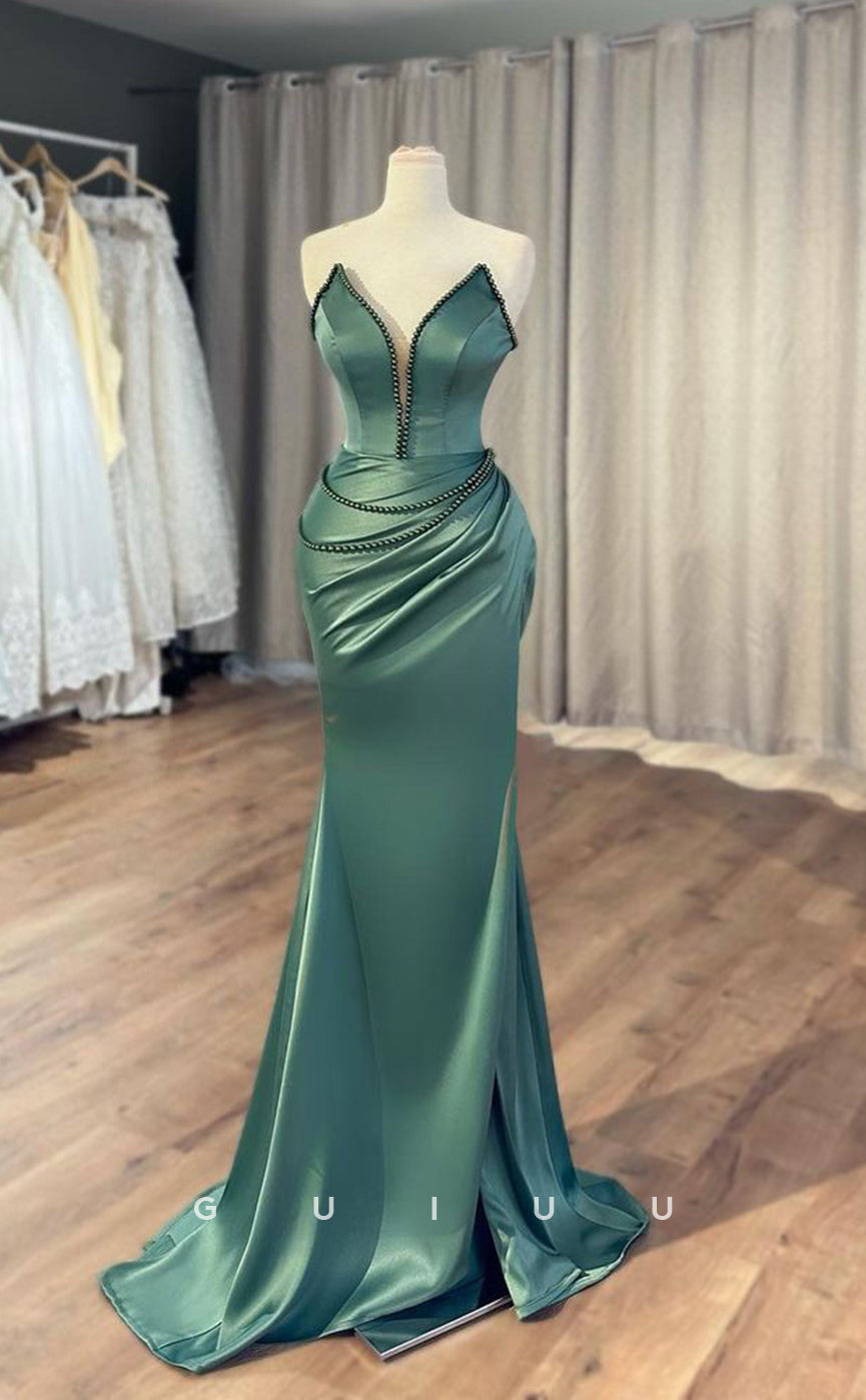 G3890 - Classic & Timeless Sheath V-Neck Beaded and Draped Formal Party Gown Prom Dress with Side Slit