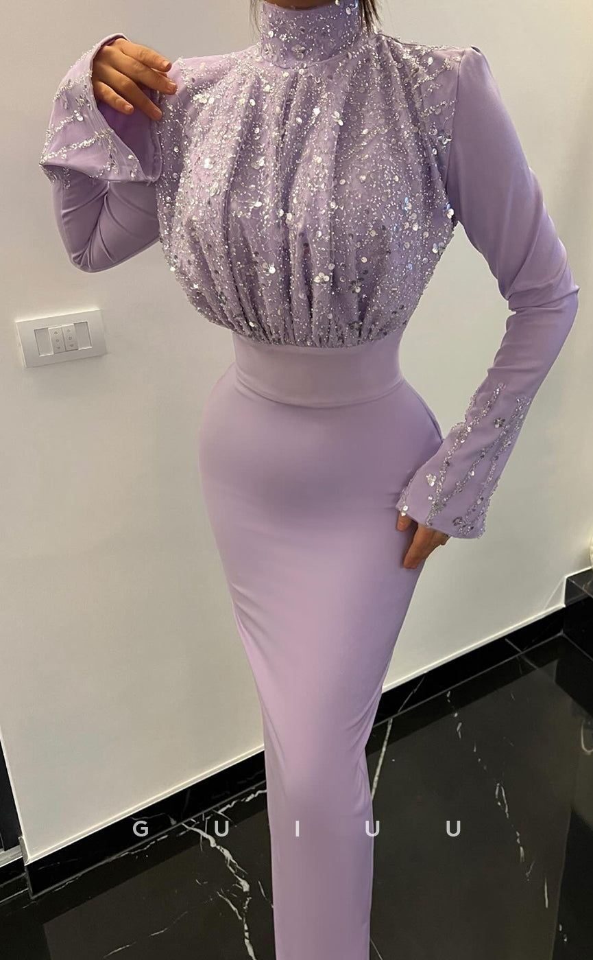 G3897 - Chic & Modern Sheath High Neck Sequined and Beaded Formal Party Gown Prom Dress with Long Trumpet Sleeves and Pleats