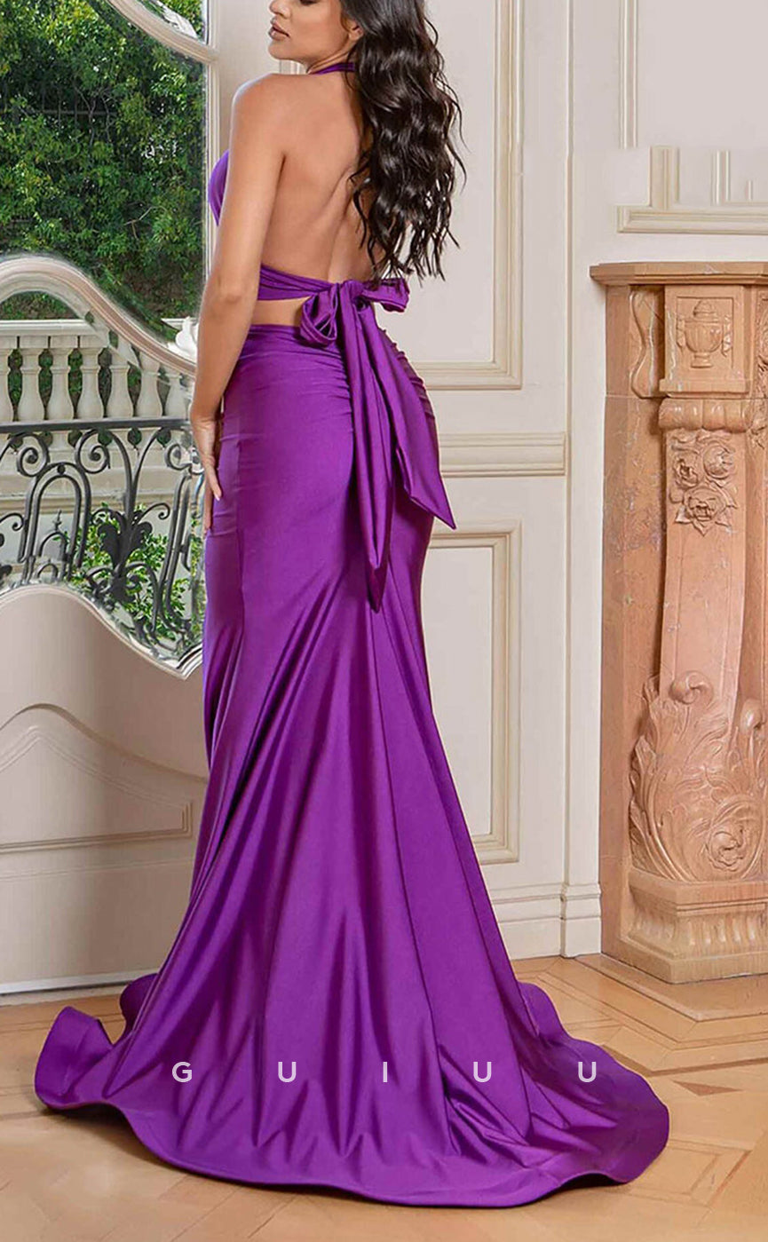 G3943 - Sexy & Hot Mermaid V-Neck Halter Two Piece Draped Long Party Gown Prom Dress with High Side Slit and Bows