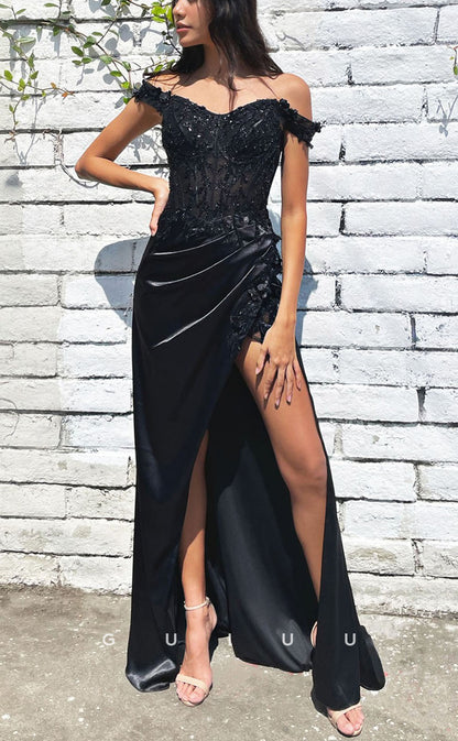 G3945 - Sexy & Hot Sheath Off Shoulder Floral Appliqued and Sequined Floor-Length Party Gown Prom Dress with High Side Slit