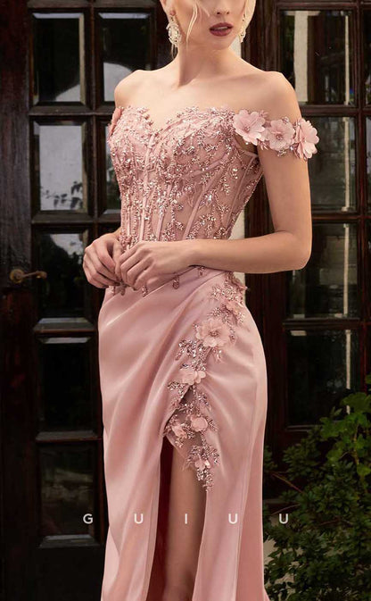 G3945 - Sexy & Hot Sheath Off Shoulder Floral Appliqued and Sequined Floor-Length Party Gown Prom Dress with High Side Slit