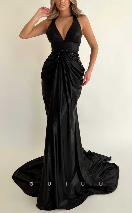 G3951 - Sexy & Hot Mermaid V-Neck Halter Beaded and Draped Long Party Gown Prom Dress with Sweep Train