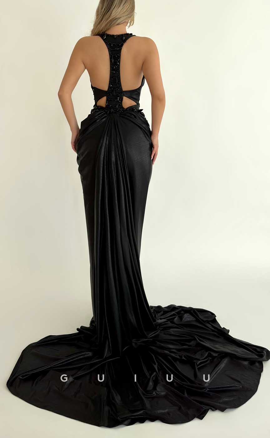 G3951 - Sexy & Hot Mermaid V-Neck Halter Beaded and Draped Long Party Gown Prom Dress with Sweep Train