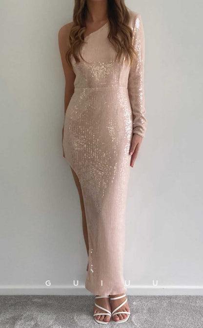 G3952 - Chic & Modern Sheath One Shoulder Fully Sequined Ankle-Length Formal Party Prom Dress with Long Sleeves and High Side Slit