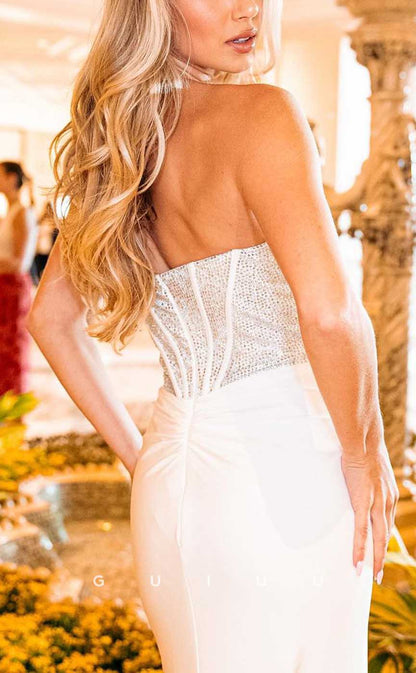 G3968 - Classic & Timeless Sheath Strapless Beaded and Draped Formal Party Prom Dress with High Side Slit