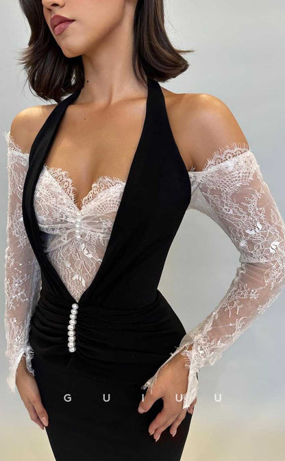 G3971 - Sexy & Hot Sheath Halter Lace Off Shouder Sequined and Draped Party Gown Prom Dress with Long Sleeves