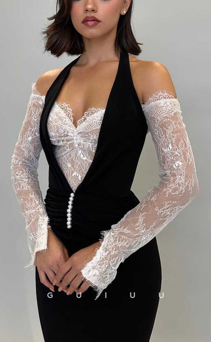 G3971 - Sexy & Hot Sheath Halter Lace Off Shouder Sequined and Draped Party Gown Prom Dress with Long Sleeves