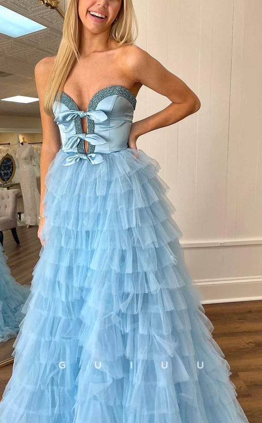 G3979 - Chic & Modern Ballgown V-Neck Strapless Cut-Outs Beaded Floor-Length Party Gown Prom Dress with Bows