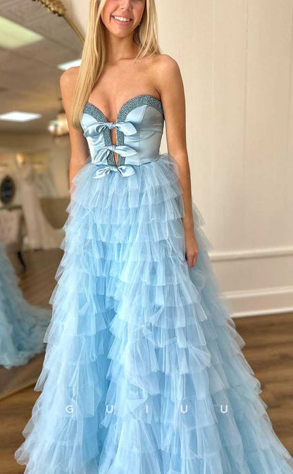 G3979 - Chic & Modern Ballgown V-Neck Strapless Cut-Outs Beaded Floor-Length Party Gown Prom Dress with Bows