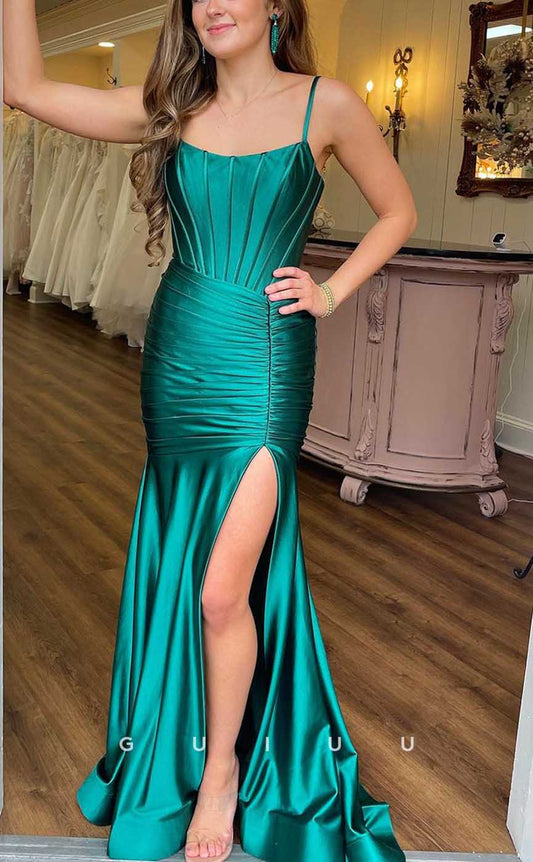 G3982 - Chic & Modern Trumpet Straps Draped Formal Party Prom Dress with High Side Slit