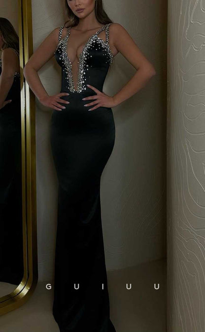 G3983 - Sexy & Hot Sheath Plunging V-Neck Straps Beaded Evening Party Prom Dress