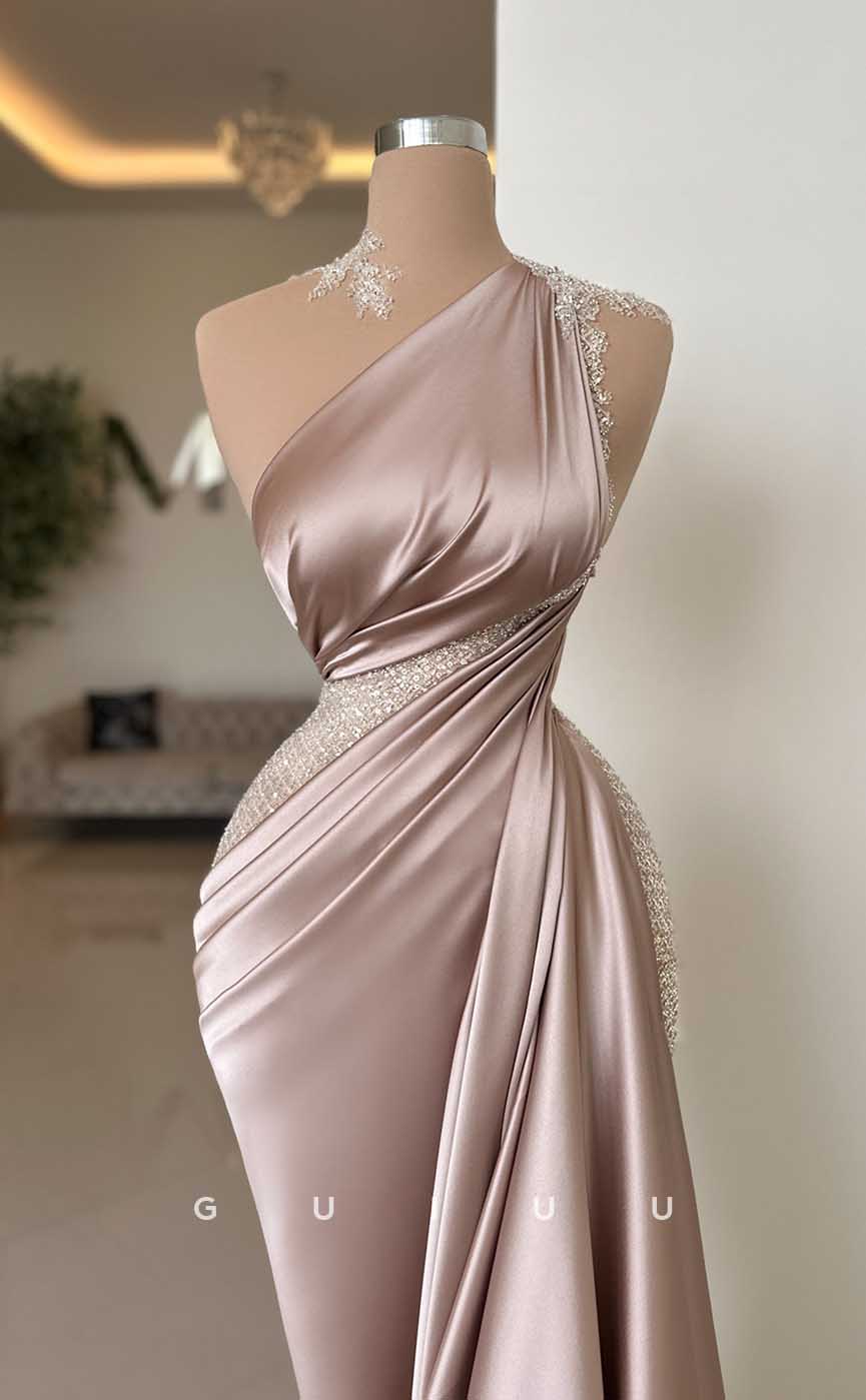 G3986 - Chic & Modern Sheath One Shoulder Beaded and Draped Formal Party Prom Dress with Overlay