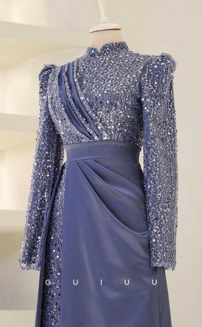 G3993 - Classic & Timeless Sheath High Neck Sequined and Beaded Formal Party Prom Dress with Long Sleeves and Pleats