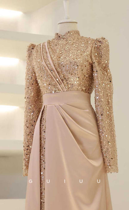 G3993 - Classic & Timeless Sheath High Neck Sequined and Beaded Formal Party Prom Dress with Long Sleeves and Pleats