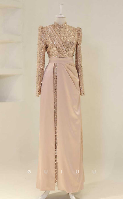 G3993 - Classic & Timeless Sheath High Neck Sequined and Beaded Formal Party Prom Dress with Long Sleeves and Pleats