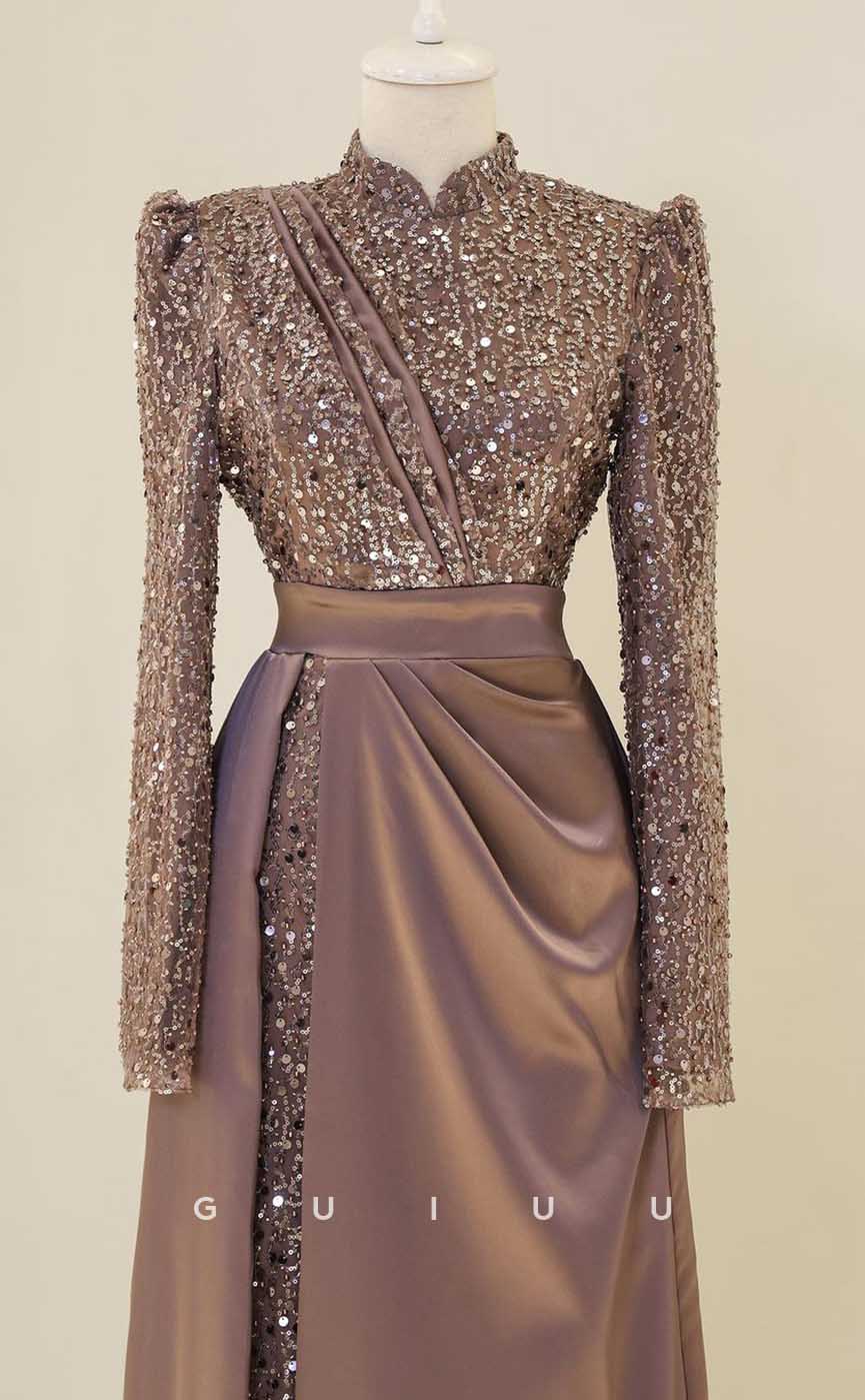 G3993 - Classic & Timeless Sheath High Neck Sequined and Beaded Formal Party Prom Dress with Long Sleeves and Pleats