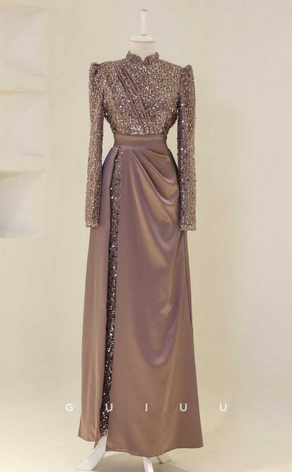 G3993 - Classic & Timeless Sheath High Neck Sequined and Beaded Formal Party Prom Dress with Long Sleeves and Pleats