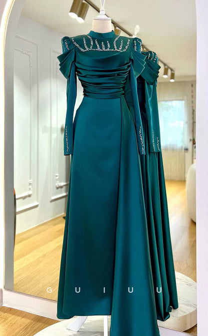 G3996 - Classic & Timeless A-Line High Scoop Neck Beaded and Draped Formal Party Prom Dress with Overlay